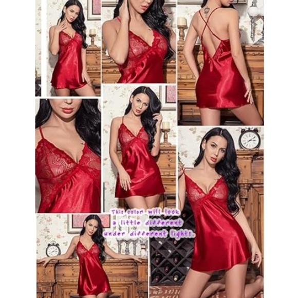 Avidlov Women Lingerie V Neck Nightwear Satin Lace Chemise Mini Teddy Red Nighty - Picture 5 of 8